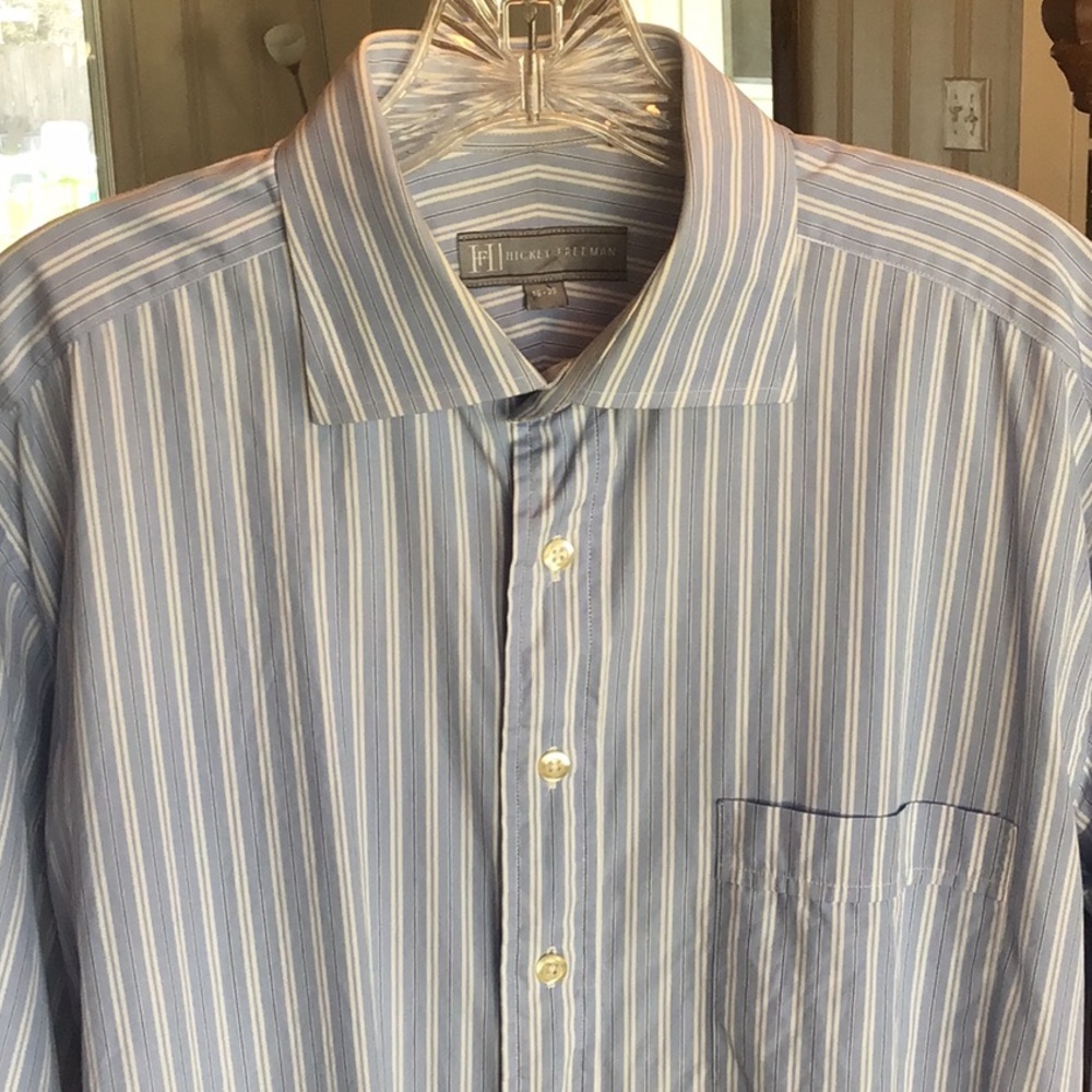 Hickey Freeman, blue striped dress shirt, spread collar, 16-35